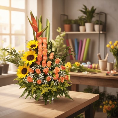 Arreglo floral con girasoles, rosas naranjas y follaje verde sobre mesa de madera en un taller de floristería iluminado por una ventana
