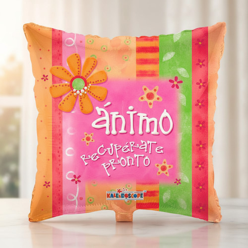 Globo cuadrado de colores naranja, rosa y verde con flor decorativa y texto ánimo recupérate pronto sobre fondo desenfocado