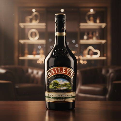 Botella de licor Baileys Original Irish Cream sobre una barra de madera con un salón elegante desenfocado al fondo