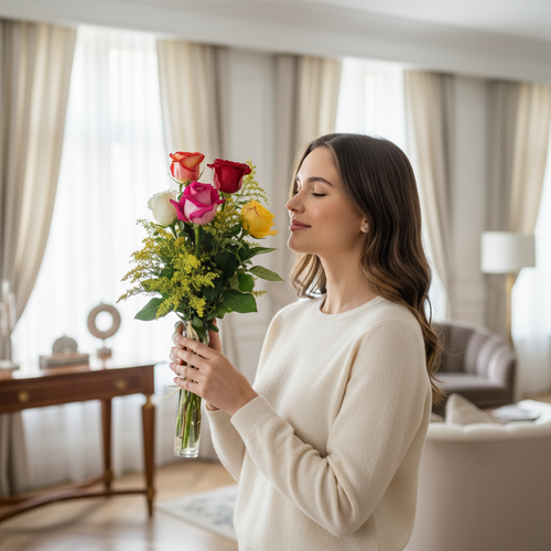 Mujer de perfil con suéter beige sosteniendo un ramo de rosas rojas, rosas, blancas y amarillas en un jarrón de cristal dentro de una sala de estar luminosa