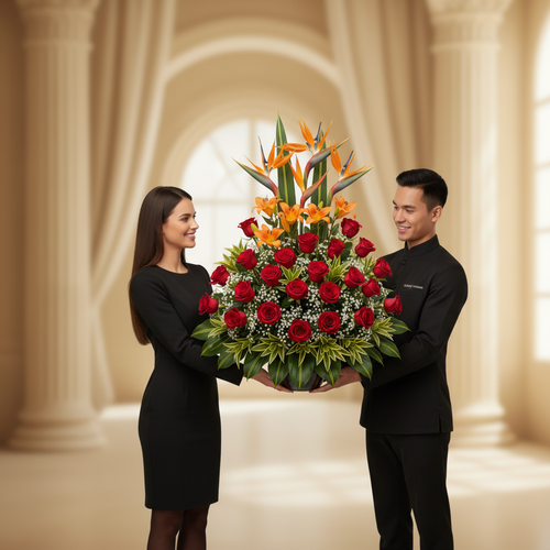 Hombre y mujer vestidos de negro sosteniendo juntos un gran arreglo floral con rosas rojas, gerberas y flores ave del paraíso en un interior elegante