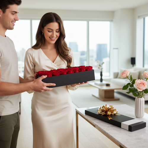 Mujer con vestido de satén claro recibe de un hombre una caja rectangular negra llena de rosas rojas en una sala de estar luminosa con grandes ventanales y mesa con otra caja de regalo