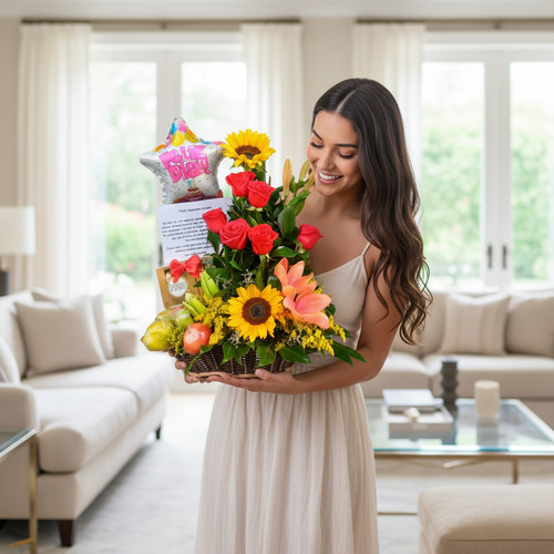 Mujer con vestido beige sosteniendo canasta de flores variadas con globos y tarjeta en una sala de estar luminosa