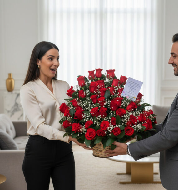 Mujer sorprendida recibe de un hombre una gran canasta de rosas rojas con tarjeta en una sala de estar elegante