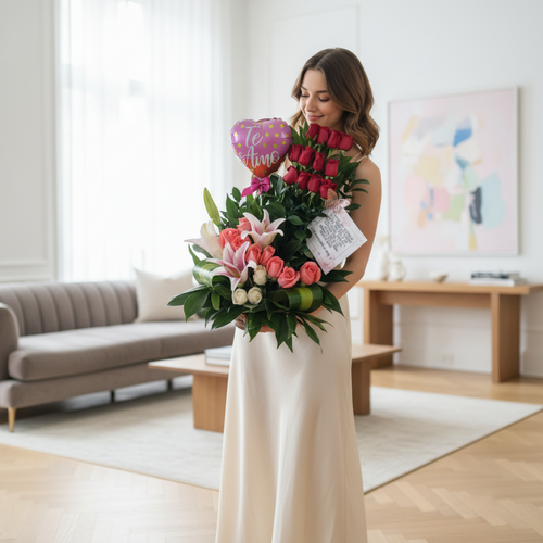 Mujer joven con vestido largo blanco sosteniendo un gran arreglo de rosas rojas, lirios rosados y globo en forma de corazón con mensaje te amo en una sala de estar luminosa y moderna