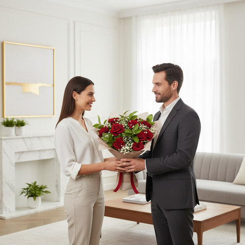 Hombre con traje oscuro entregando un ramo de rosas rojas a una mujer vestida de blanco en una sala de estar luminosa y moderna