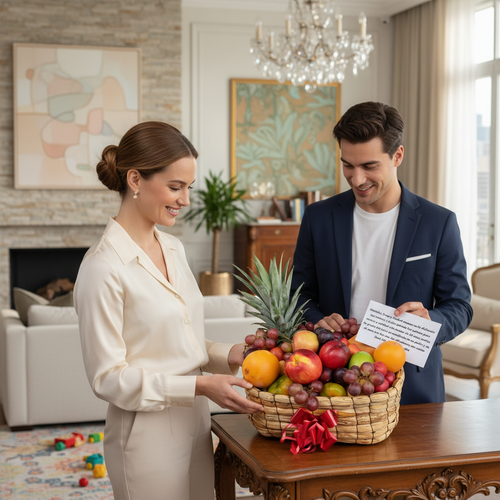 Hombre y mujer jóvenes sonríen mientras sostienen una canasta de frutas variadas con lazo rojo y una tarjeta en una sala de estar elegante y luminosa