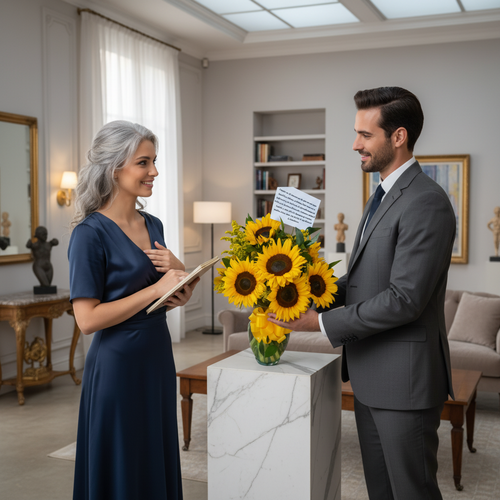Hombre con traje gris entrega un ramo de girasoles con tarjeta a una mujer de cabello canoso y vestido azul en una sala de estar luminosa