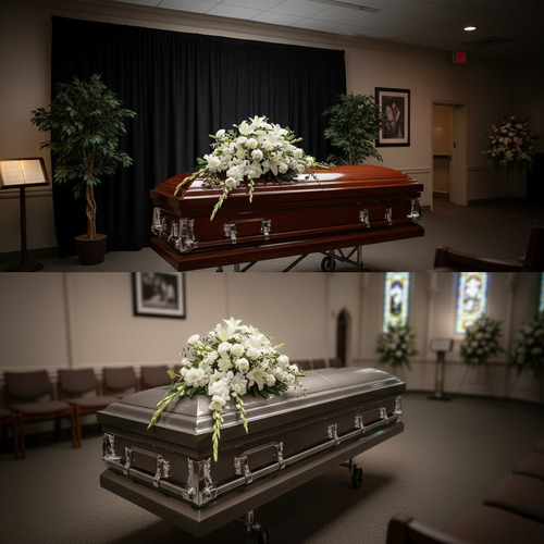 Dos ataúdes, uno de madera brillante y otro metálico gris, decorados con arreglos de flores blancas en una sala de velatorio