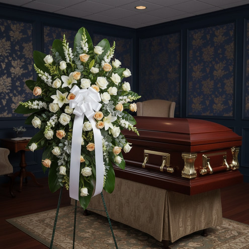 arreglo floral funerario de rosas blancas y crema con lazo blanco frente a ataúd de madera en sala de velatorio