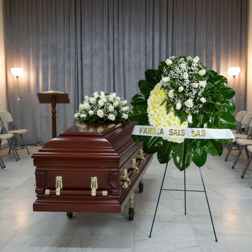 Ataúd de madera barnizada con corona de flores blancas y amarillas en una sala de velatorio con cortinas grises y sillas alrededor