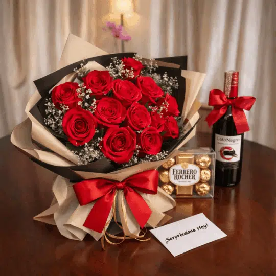 Bouquet de Rosas, Vino y Chocolates