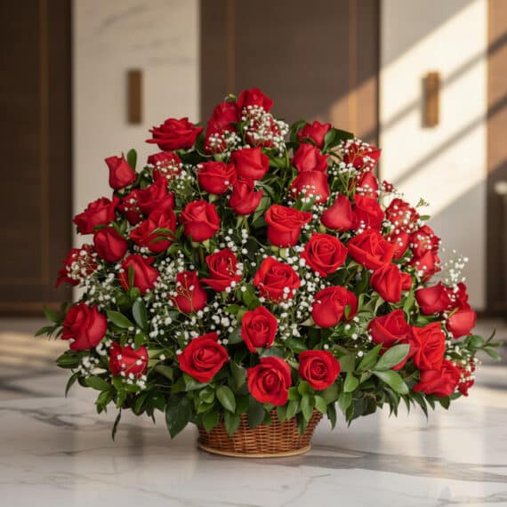 Arreglo Floral Amor Gigante: Rosas Rojas Frescas para Expresar Sentimientos Arreglo Floral Amor Gigante con rosas rojas frescas y follaje verde en una cesta de mimbre, sobre una superficie de mármol pu