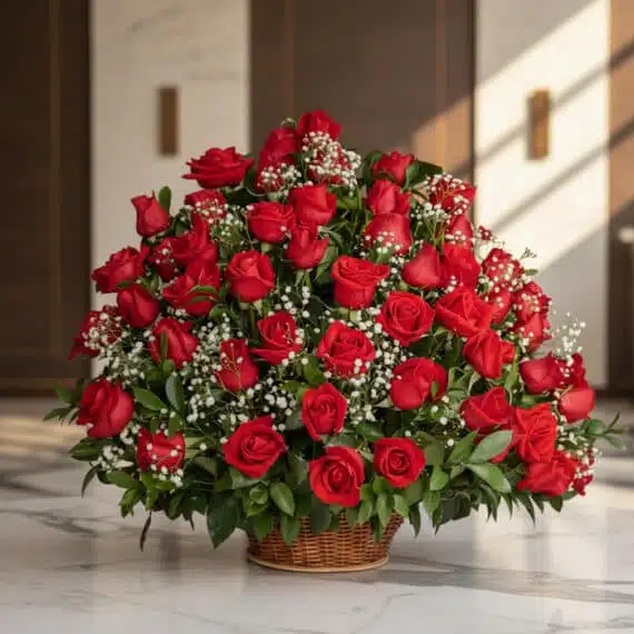 Arreglo Floral Amor Gigante con rosas rojas frescas y follaje verde en una cesta de mimbre, sobre una superficie de mármol pu