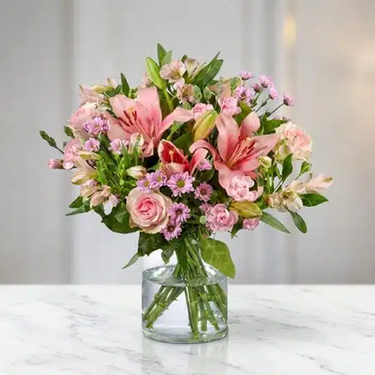 Arreglo floral ANNA con rosas y lirios rosados, alstroemerias y margaritas, en un jarrón de cristal sobre una mesa de mármol