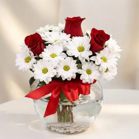 Arreglo floral Antonietta con rosas rojas, margaritas blancas y lazo rojo en jarrón de cristal, ideal para regalar en ocasion