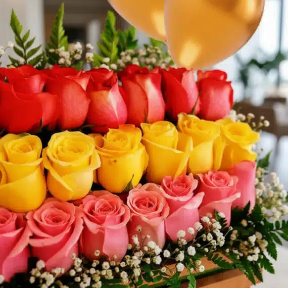 Arreglo floral Escala con rosas rojas, amarillas y rosadas, complementado con follaje verde y pequeños globos dorados, ideal
