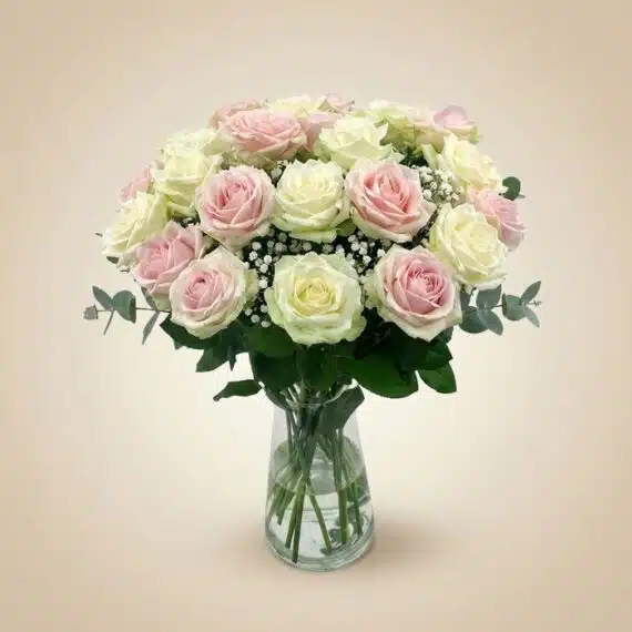 Arreglo floral Evelin con 22 rosas frescas en tonos blancos y rosados, complementado con follaje verde y gypsophila, presenta