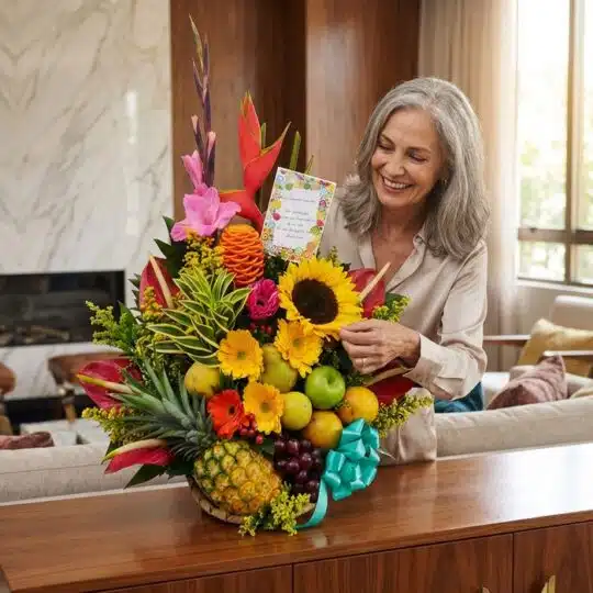 Mujer elegante de mediana edad admirando un Arreglo Floral Exótico Antídoto con frutas y flores tropicales en un hogar de luj