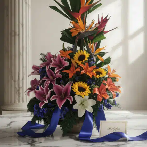 Arreglo floral exótico Armonía con lirios morados, girasoles amarillos, aves del paraíso naranjas y follaje verde, sobre márm