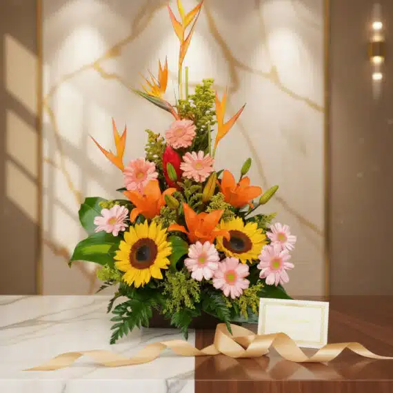 Arreglo floral exótico Columba con girasoles, lirios naranjas, gerberas rosas y aves del paraíso, sobre una mesa de mármol y