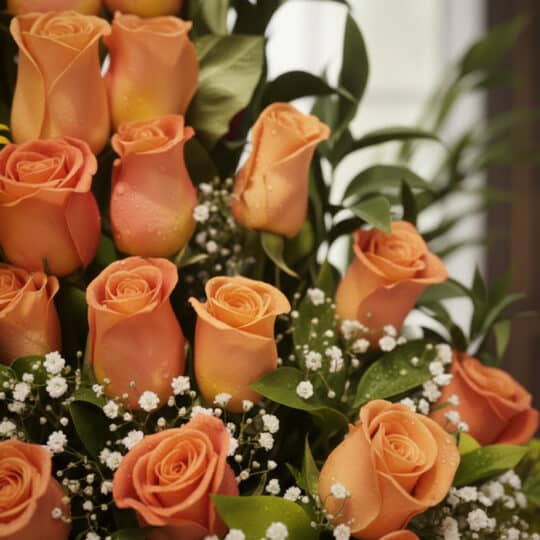 Primer plano extremo de un Arreglo Floral Exótico Intocable, mostrando rosas naranjas vibrantes con gotas de rocío y follaje