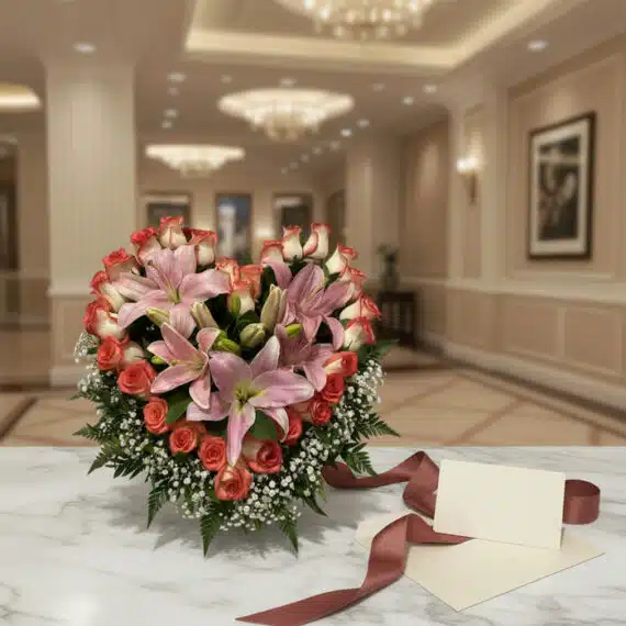 Arreglo floral Feliz Contigo con rosas coral y lirios rosados, sobre mesa de mármol en lobby elegante, con cinta decorativa.