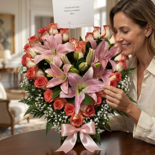 Mujer elegante admirando un arreglo floral de rosas salmón y lirios rosados, con un moño rosa y tarjeta de agradecimiento, en