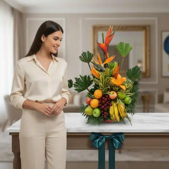 Mujer elegante admirando un Arreglo Floral con Frutas Alfa, destacando flores exóticas, frutas frescas y un moño verde en un