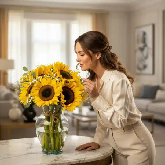 Mujer elegante admirando y oliendo un vibrante arreglo floral de girasoles en un jarrón de cristal sobre una mesa de mármol e