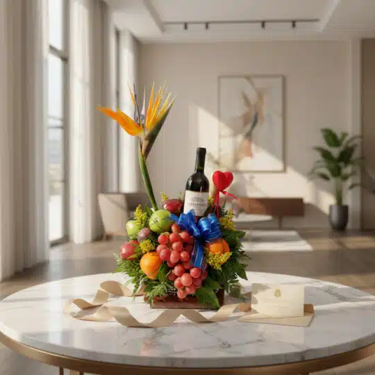 Arreglo floral gourmet ITALINA con vino tinto, uvas rojas, manzanas verdes, naranjas, flores de ave del paraíso y follaje ver