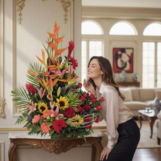Mujer elegante admirando con deleite el Arreglo Floral IDARA, un diseño exclusivo con rosas y flores exóticas en un lujoso in