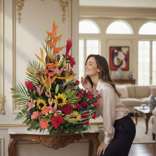 Mujer elegante admirando con deleite el Arreglo Floral IDARA, un diseño exclusivo con rosas y flores exóticas en un lujoso in