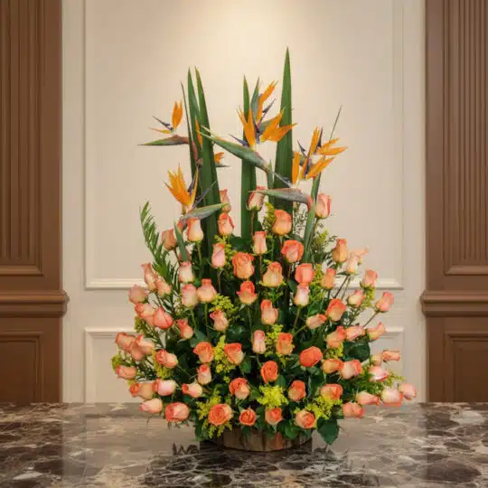 Arreglo floral grande con rosas color salmón y aves del paraíso, sobre una mesa de mármol en un entorno elegante de hotel bou
