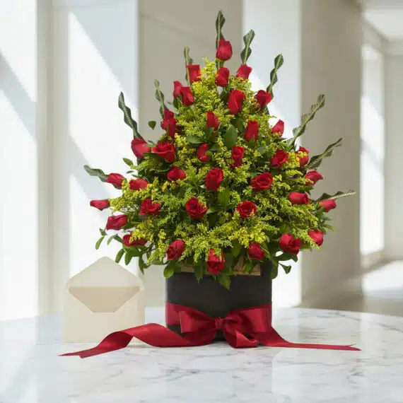 Arreglo floral de rosas rojas Cupido en base negra, con tarjeta de regalo y cinta satinada roja, sobre mármol blanco.