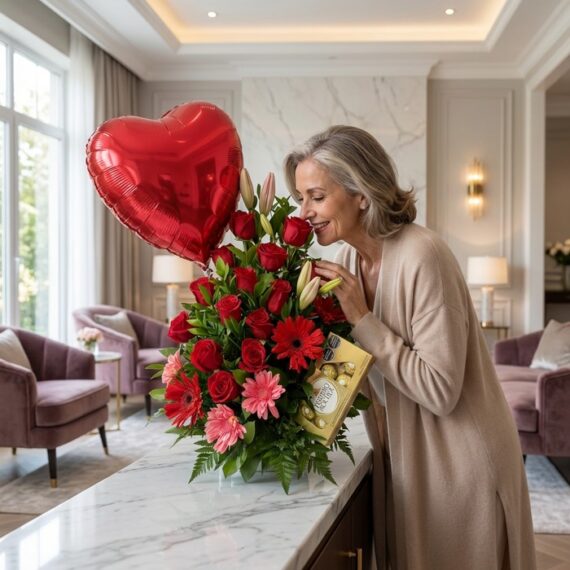 Mujer elegante de mediana edad oliendo un arreglo floral "Te Amo" con rosas rojas, gerberas rosadas, lirios y un globo de cor