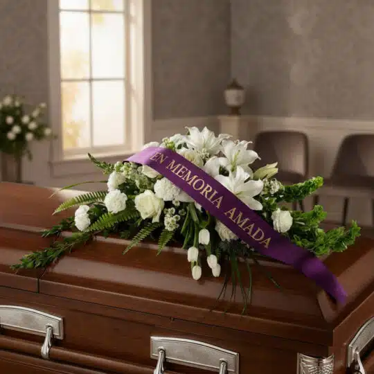 Arreglo fúnebre cubre caja Bondad con lirios blancos, rosas y follaje verde, adornado con una cinta morada que dice 'EN MEMOR
