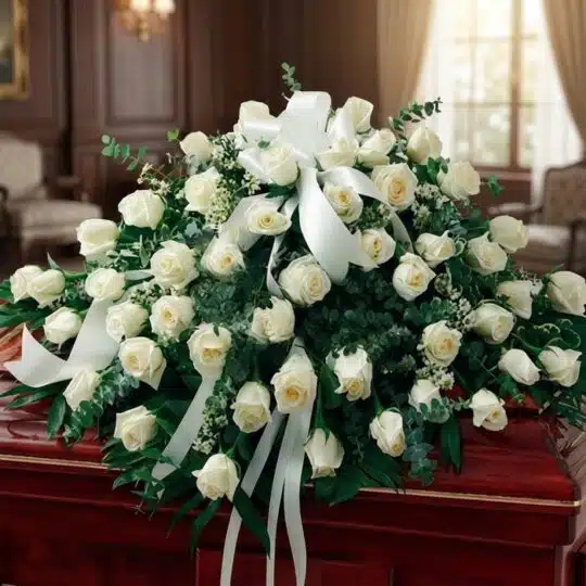 Arreglo fúnebre cubre caja Misericordia con rosas blancas frescas y follaje verde, presentado en una sala de velación premium