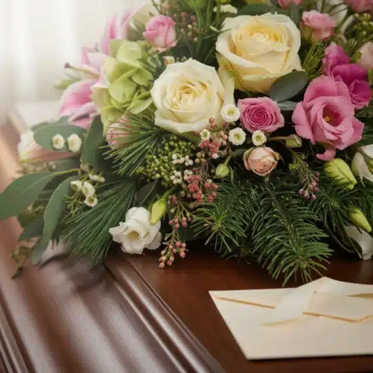 Primer plano de un arreglo floral fúnebre con rosas blancas, rosas y lirios, follaje verde, rocío sutil, cinta satinada y sob