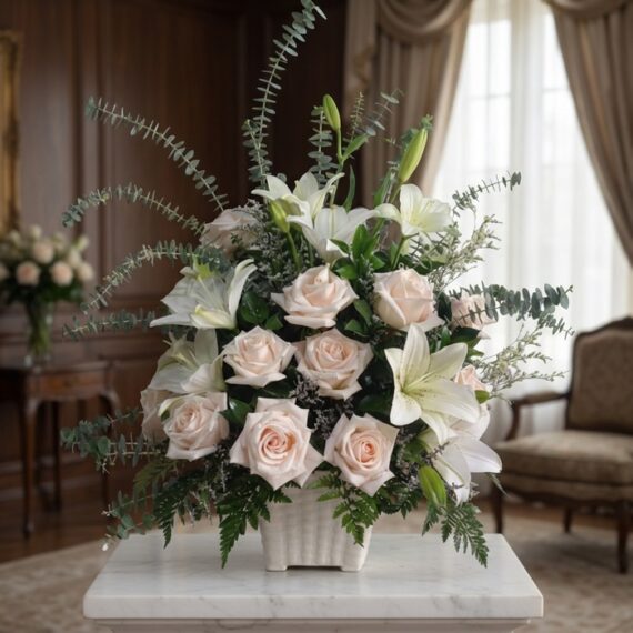 Arreglo Fúnebre Inmortal: Rosas y Lirios Blancos para Homenaje Arreglo fúnebre Inmortal con rosas pálidas, lirios blancos y eucalipto en una sala de velación premium, con luz natural suave
