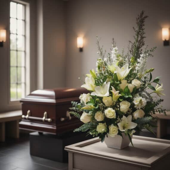 Arreglo floral fúnebre Perpetuo con lirios y rosas blancas en sala de velación moderna, ataúd de madera desenfocado al fondo.