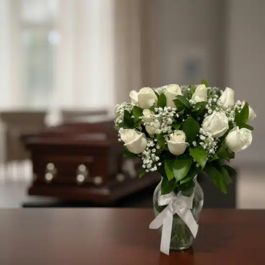 Arreglo floral fúnebre 'Pétalos del Alma' con rosas blancas frescas y follaje verde en jarrón de cristal, sobre mesa de mader