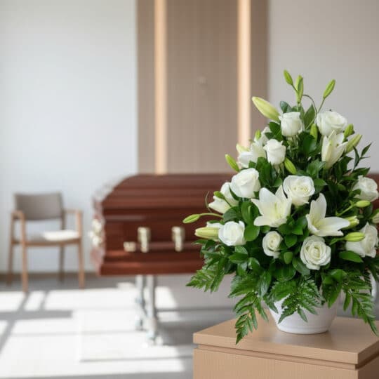 Arreglo floral fúnebre Piedad con rosas y lirios blancos en sala de velación moderna, ataúd desenfocado al fondo.