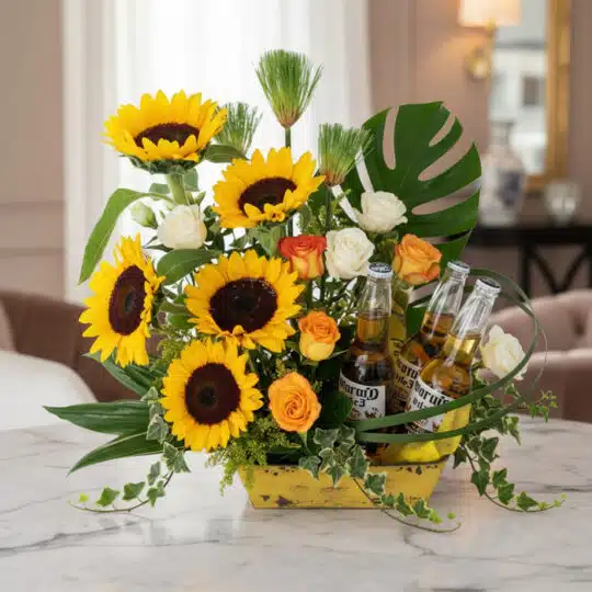 Arreglo floral vibrante con girasoles, rosas blancas y naranjas, follaje verde y tres botellas de cerveza Corona, ideal para