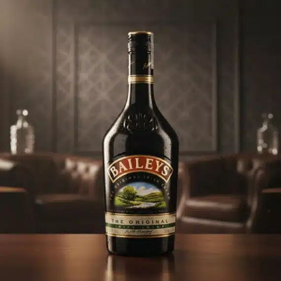 Botella de Baileys Original 375ml: Licor de Crema Irlandesa Premium Botella de Baileys Original de 375ml con gotas de condensación, sobre una mesa de madera pulida, con un fondo elegante de cue