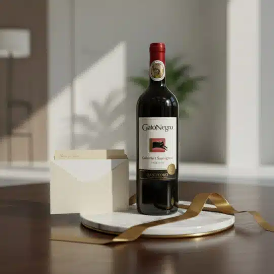 Botella de vino tinto Gato Negro Cabernet Sauvignon sobre una base de mármol, acompañada de una tarjeta de regalo elegante y