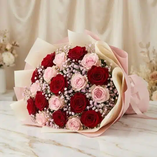 Bouquet ELETRA con 20 rosas rojas y rosadas, envuelto en papel coreano, sobre una superficie de mármol, ideal para regalar am