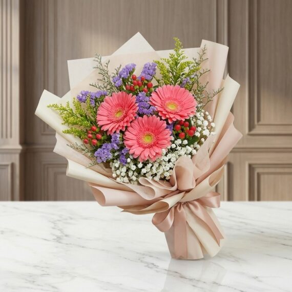 Bouquet Floral LIA: Radiante Ramo de Gerberas Amarillas para Regalar Bouquet Floral LIA con gerberas amarillas vibrantes, envuelto en papel coreano elegante, sobre una superficie de mármol pulid