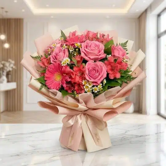 Bouquet ORLENA con rosas rosadas, gerberas fucsia y alstroemerias rojas, envuelto en papel coreano rosa claro sobre mármol bl