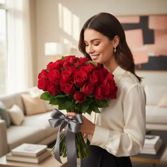 Mujer elegante sonriendo y oliendo un gran ramo de 72 rosas rojas atadas con un lazo gris, en un salón de lujo.